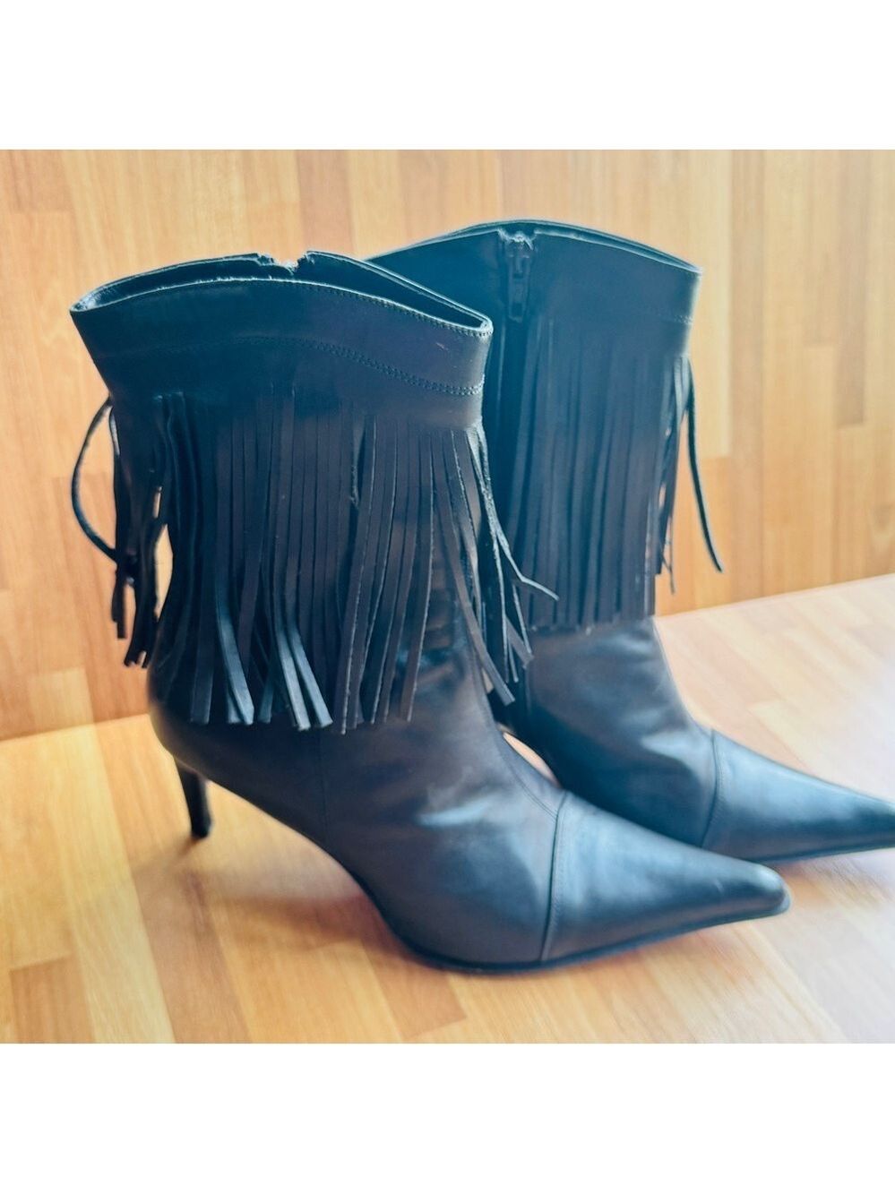 Mariano Renzi black fringe pointy toe booties stiletto size 39